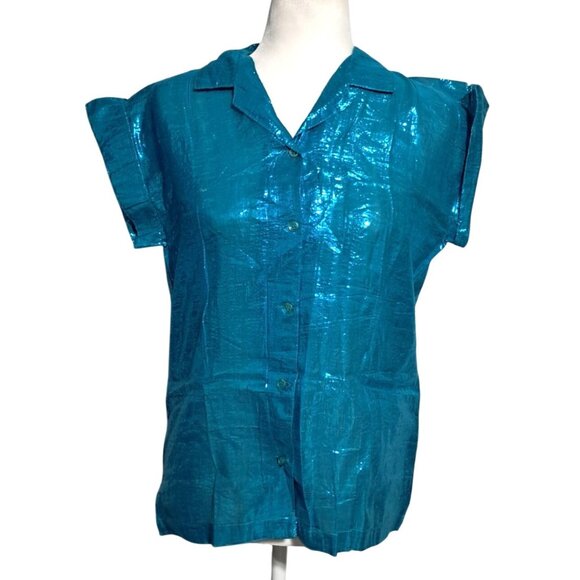 Vintage Blue Top Womens Size 3 Metallic Button Up Short Sleeve Shirt by Nina NOS - Picture 1 of 14